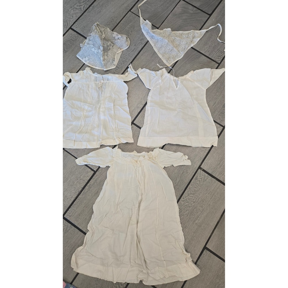 Vintage Baby Christening Baptism Gown Set Lace Bib Bonnet Eyelet White 5pc Lot